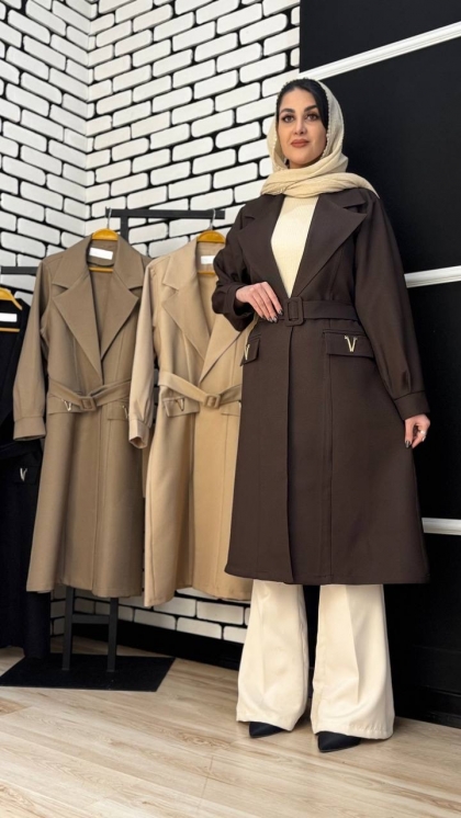 مانتو بلند مزونی کمربند سگک دار 5148