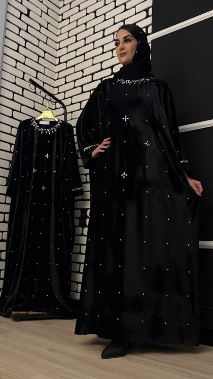 مانتو عبایی مخمل جواهردوزی یقه سنگی 5007