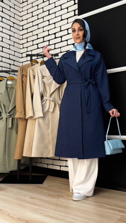 مانتو بلند کجراه دیپلمات کمربند دار 5183